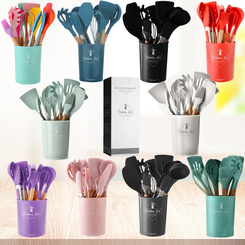 Colorful Household Wooden Handle Silicone Kitchenware 11 Pieces Suit Kitchen Utensils Kitchenware Kitchen Set - Image 2