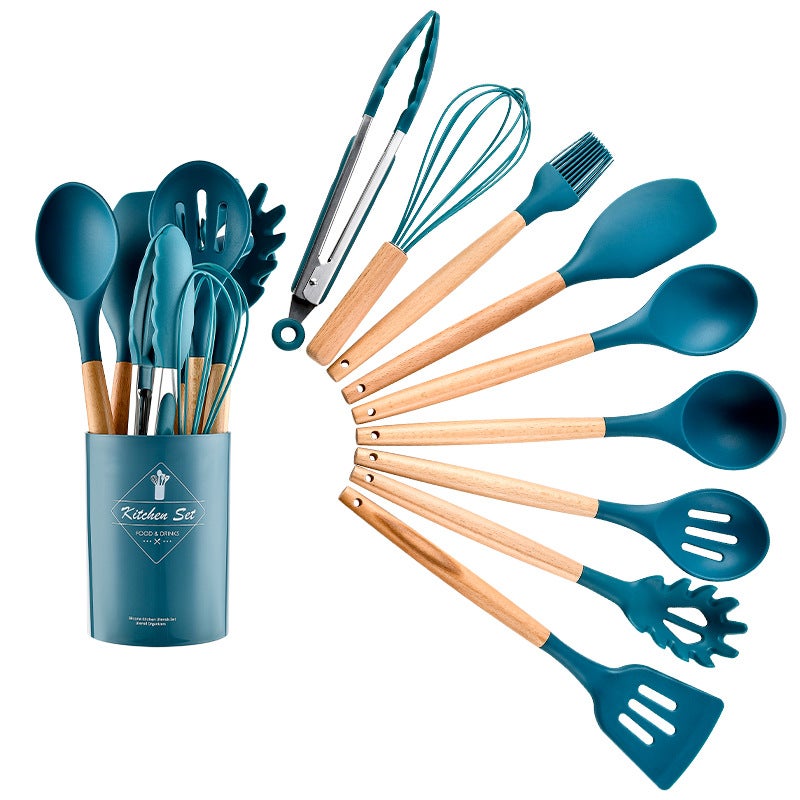 Colorful Household Wooden Handle Silicone Kitchenware 11 Pieces Suit Kitchen Utensils Kitchenware Kitchen Set - Image 1