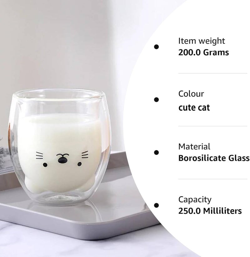 Binoster Cat Mug Cute Mugs Glass Double Wall Insulated Glass Espresso Cup Kawaii Cup Coffee Cup Tea Cup Milk Cup Best gift for Office and Personal Birthday Christmas Cat - Image 4