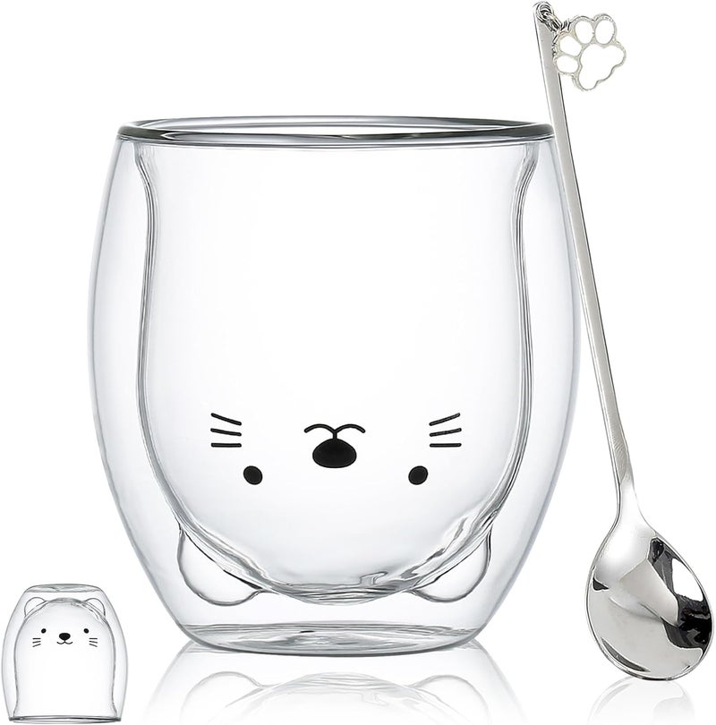 Binoster Cat Mug Cute Mugs Glass Double Wall Insulated Glass Espresso Cup Kawaii Cup Coffee Cup Tea Cup Milk Cup Best gift for Office and Personal Birthday Christmas Cat - Image 1