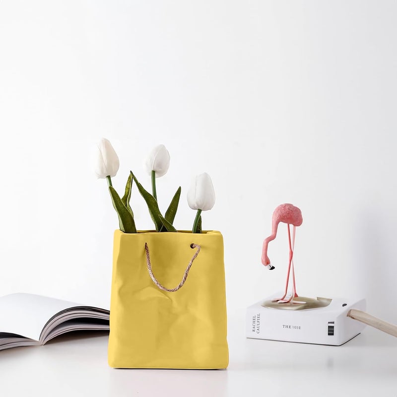 Cortina Cortina Ceramic Flower Vase for Home Decor Flower Vase for Dining Table Yellow Hand Bag Shaped Decorative Ceramic Vase Aesthetic Flower Vase for Office 15x17 CM Black 1 Pc  - Image 2