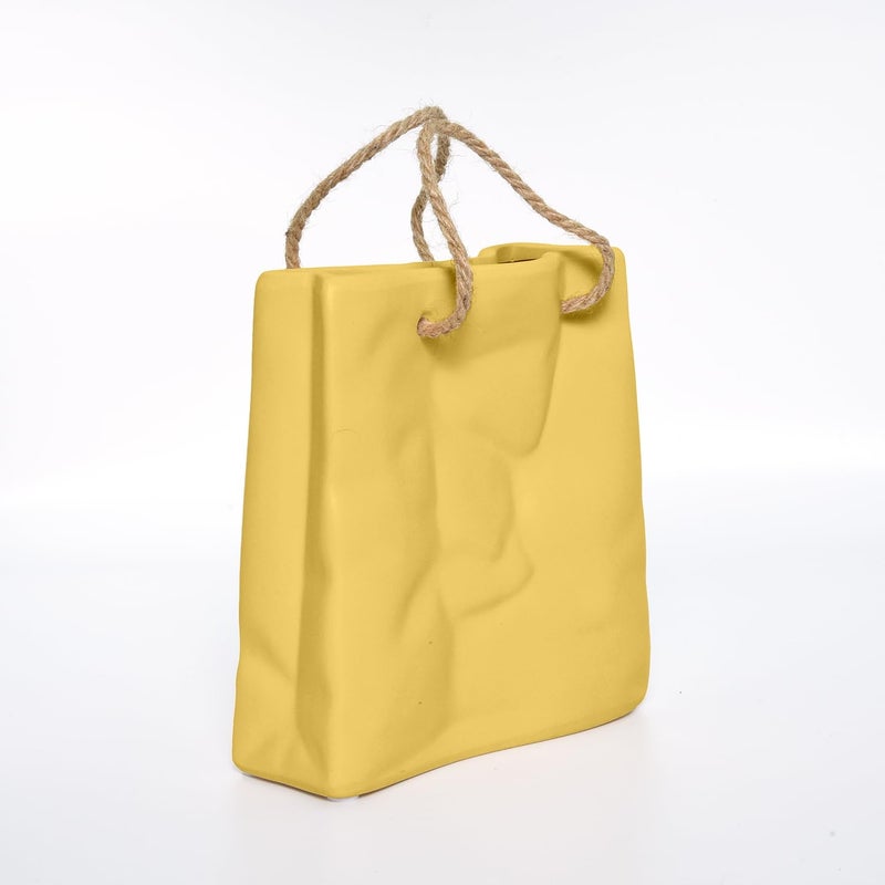 Cortina Cortina Ceramic Flower Vase for Home Decor Flower Vase for Dining Table Yellow Hand Bag Shaped Decorative Ceramic Vase Aesthetic Flower Vase for Office 15x17 CM Black 1 Pc  - Image 1