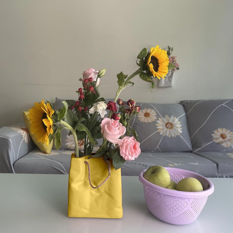 Cortina Cortina Ceramic Flower Vase for Home Decor Flower Vase for Dining Table Yellow Hand Bag Shaped Decorative Ceramic Vase Aesthetic Flower Vase for Office 15x17 CM Black 1 Pc  - Image 4
