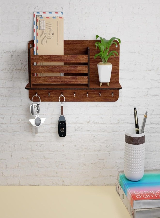 EXPRO Wall Mounted Key Holder for Home | Wooden Key Holder for Wall | Key Chain Holders | 7 Hooks with Storage Shelf with Planter - Image 4