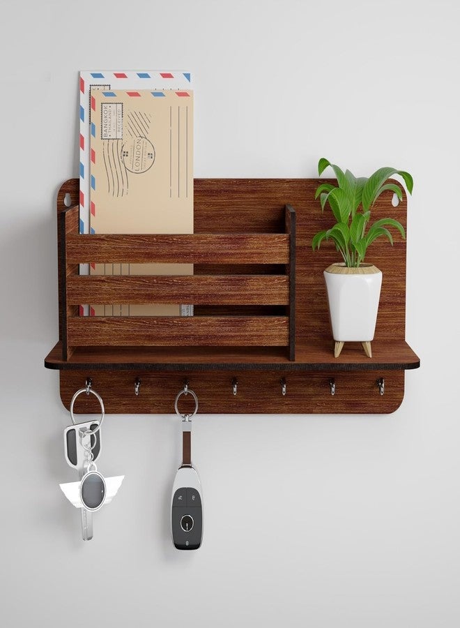 EXPRO Wall Mounted Key Holder for Home | Wooden Key Holder for Wall | Key Chain Holders | 7 Hooks with Storage Shelf with Planter - Image 1