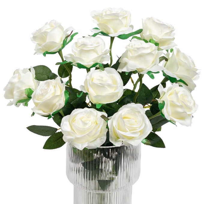 12PCS ROSES ARTIFICIAL FLOWERS FAKE SILK ROSE FLOWERS REALISTIC SINGLE STEM FLOWER BOUQUET FOR WEDDING PARTY OFFICE HOME DECOR WHITE