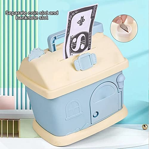 WISHKEY House Shaped Kids Piggy Bank with Lock & Key, Coin and Cash Saving Box, DIY Stickers, Portable Handle, Durable ABS Plastic Gift for Boys & Girls Pink - Image 2