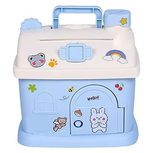 WISHKEY House Shaped Kids Piggy Bank with Lock & Key, Coin and Cash Saving Box, DIY Stickers, Portable Handle, Durable ABS Plastic Gift for Boys & Girls Pink - Image 1
