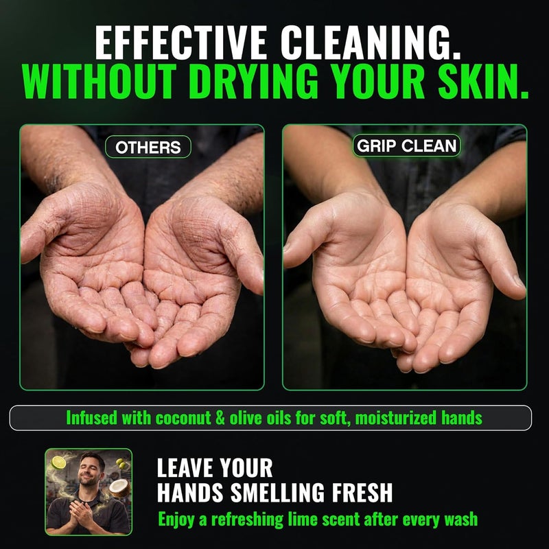 Grip Clean | Heavy Duty Hand Cleaner for Auto Mechanics & Industrial Work | Dirt-Infused Hand Soap Absorbs Grease/Oil, Stains, Odors & More. All Natural, Moisturizing & Lime Scented (500+ washes) - Image 4