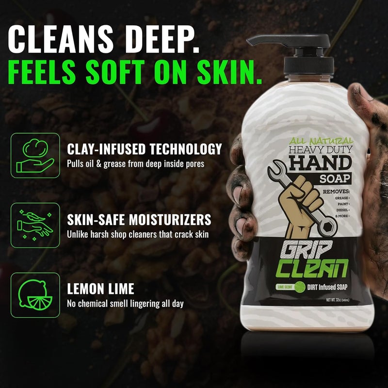 Grip Clean | Heavy Duty Hand Cleaner for Auto Mechanics & Industrial Work | Dirt-Infused Hand Soap Absorbs Grease/Oil, Stains, Odors & More. All Natural, Moisturizing & Lime Scented (500+ washes) - Image 3