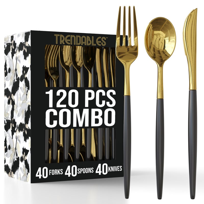 Trendables 120 Pack Disposable Silverware Set  Plastic Cutlery Dinnerware  Includes 40  Plastic Forks  Plastic Spoons  Plastic Knives  White  Gold Plastic Silverware Plastic Utensils Party Set