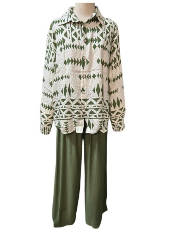 طقم قطعتين عصري من القطن والكتان، بدلة بأكمام طويلة وبنطال فضفاض، ملابس صيفية وربيعية للنساء، مقاس واحد يناسب الجميع - Image 1