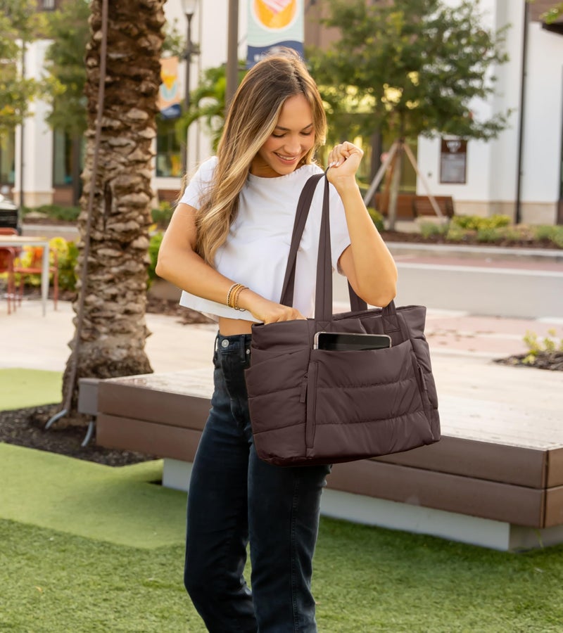 Uselike Tote Bag for Women with Zipper, Quilted Puffer Tote Bag with Compartments, Lightweight Puffy Work Bags for Women Travel (Dark Brown) - Image 2