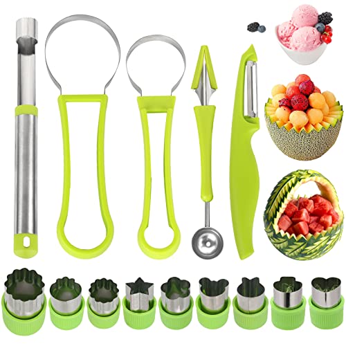 Machomby 14 Pack Melon Baller Scoop Set - 4 in 1 Stainless Steel Fruit Tool Set Fruit Scooper Seed Remover with Fruit Vegetable Cutter Shapes Set Fruit Peeler for Fruit Slicer Dig Pulp Separator - Image 1