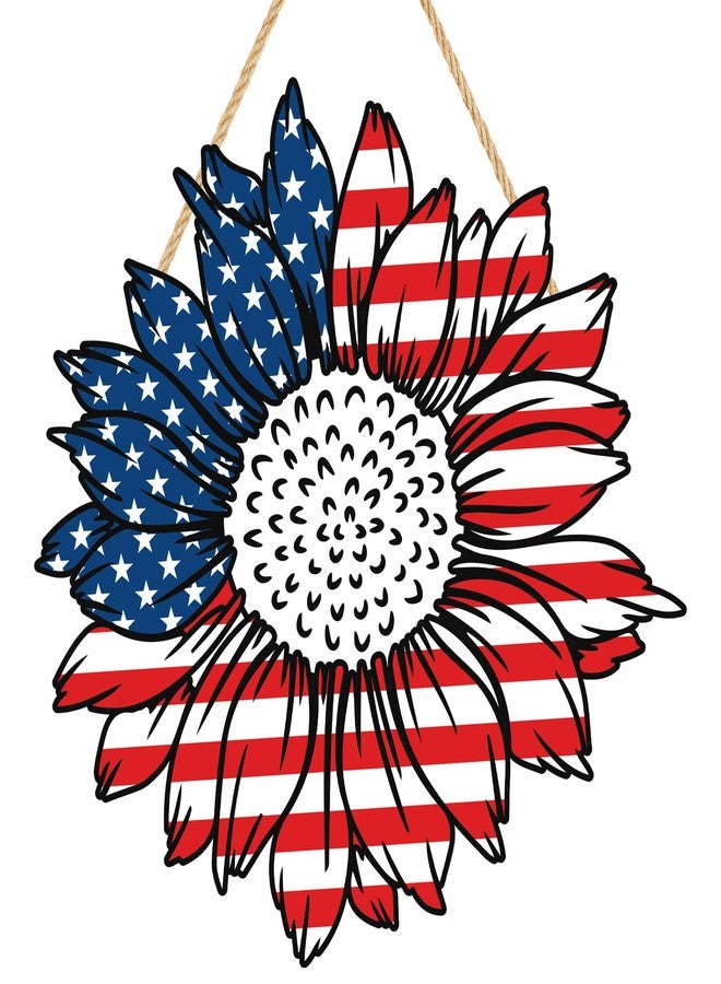 Maniaacer 4th of July Decorations Patriotic Wooden Door Sign 13in American Flag Sunflowers Hanging Wreath for Front Door Hanger Porch Home Wall Memorial Day Independence Day Indoor Outdoor Decor - Image 1