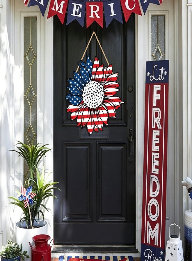 Maniaacer 4th of July Decorations Patriotic Wooden Door Sign 13in American Flag Sunflowers Hanging Wreath for Front Door Hanger Porch Home Wall Memorial Day Independence Day Indoor Outdoor Decor - Image 4