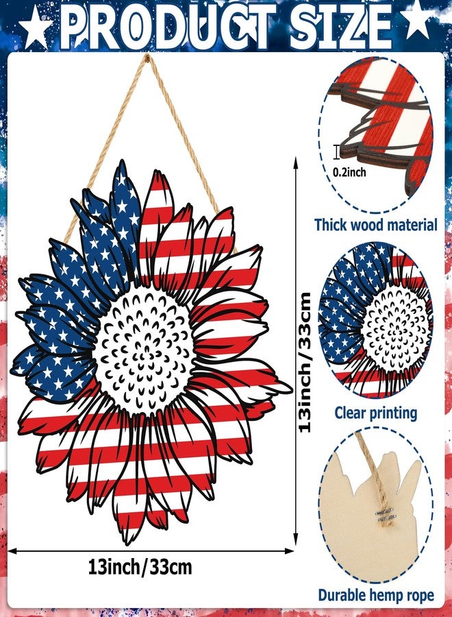 Maniaacer 4th of July Decorations Patriotic Wooden Door Sign 13in American Flag Sunflowers Hanging Wreath for Front Door Hanger Porch Home Wall Memorial Day Independence Day Indoor Outdoor Decor - Image 2