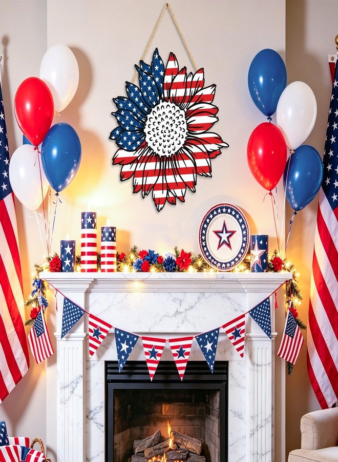Maniaacer 4th of July Decorations Patriotic Wooden Door Sign 13in American Flag Sunflowers Hanging Wreath for Front Door Hanger Porch Home Wall Memorial Day Independence Day Indoor Outdoor Decor - Image 5