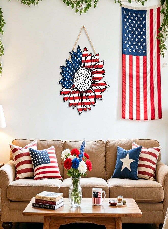 Maniaacer 4th of July Decorations Patriotic Wooden Door Sign 13in American Flag Sunflowers Hanging Wreath for Front Door Hanger Porch Home Wall Memorial Day Independence Day Indoor Outdoor Decor - Image 3