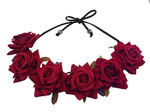 Floral Fall Rose Red Rose Flower Crown Woodland Hair Wreath Festival Headband F-67 (3-Burgundy) - Image 1