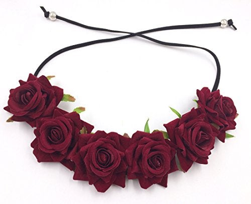Floral Fall Rose Red Rose Flower Crown Woodland Hair Wreath Festival Headband F-67 (3-Burgundy) - Image 3