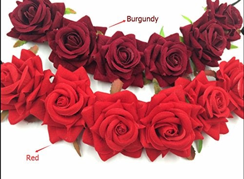 Floral Fall Rose Red Rose Flower Crown Woodland Hair Wreath Festival Headband F-67 (3-Burgundy) - Image 4