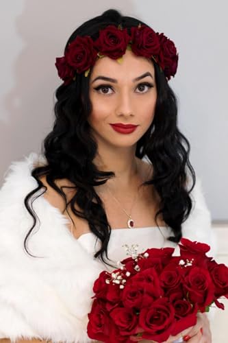 Floral Fall Rose Red Rose Flower Crown Woodland Hair Wreath Festival Headband F-67 (3-Burgundy) - Image 5