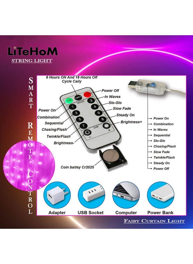 Litehom 300 Led Fairy Curtain Lights 3 Meters With Remote Control Adjustable,Usb Operated Led Light For Home Decoration,Diwali Decoration,Bedroom Birthday Balloon Decoration(Pink) - Image 5