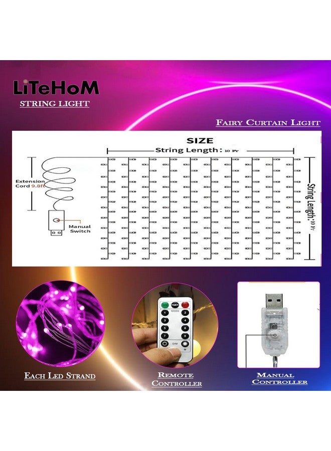 Litehom 300 Led Fairy Curtain Lights 3 Meters With Remote Control Adjustable,Usb Operated Led Light For Home Decoration,Diwali Decoration,Bedroom Birthday Balloon Decoration(Pink) - Image 3