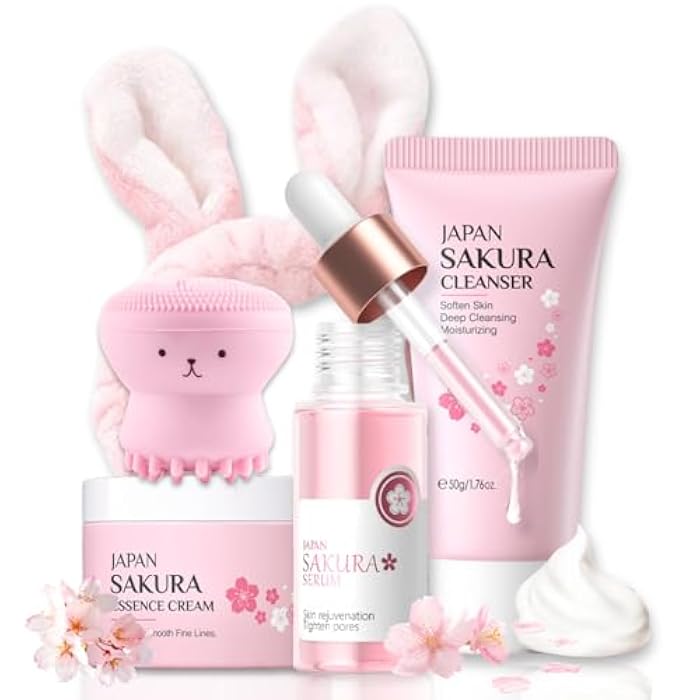 Evolvique Skincare Set Sakura Teen Girls Gifts - Skin Care Set - Skincare for Teens 10-12 Hydrating - Travel Size Facial Kit for Women with Cleanser,Serum,Cream,Bunny Headband,Cleansing Brush（5pcs） - Image 1