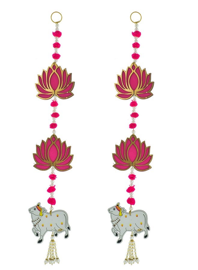 BENAVJI Door Entrance Hanging, Mandir Door Decorations Items, Pink Lotus with Cowcalf Style Hanging, Ganpati Decor & Diwali Decoration|Door Hanging | 2 Pieces | 23 Inch - Image 1