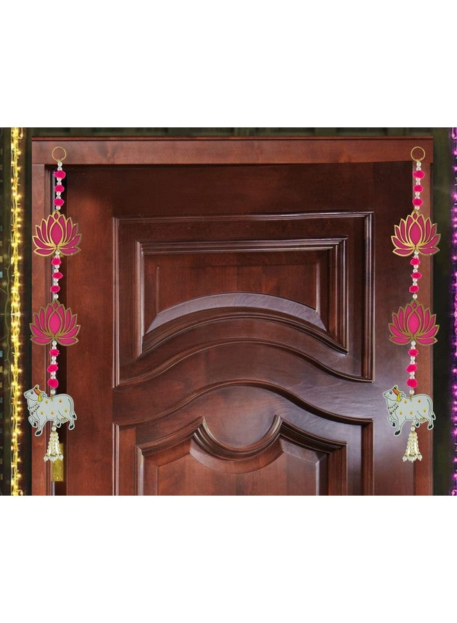 BENAVJI Door Entrance Hanging, Mandir Door Decorations Items, Pink Lotus with Cowcalf Style Hanging, Ganpati Decor & Diwali Decoration|Door Hanging | 2 Pieces | 23 Inch - Image 3