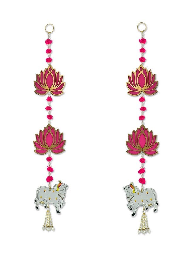 BENAVJI Door Entrance Hanging, Mandir Door Decorations Items, Pink Lotus with Cowcalf Style Hanging, Ganpati Decor & Diwali Decoration|Door Hanging | 2 Pieces | 23 Inch - Image 5