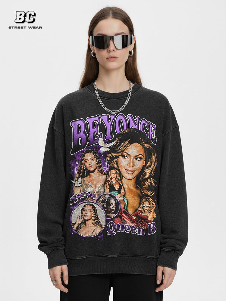 ريترو هيب هوب بيونسي مطبوعة قصيرة الأكمام تي شيرت على غرار الشارع العالي الثقيلة القطن النقي Crewneck Hooded Sweatshirt - Image 2