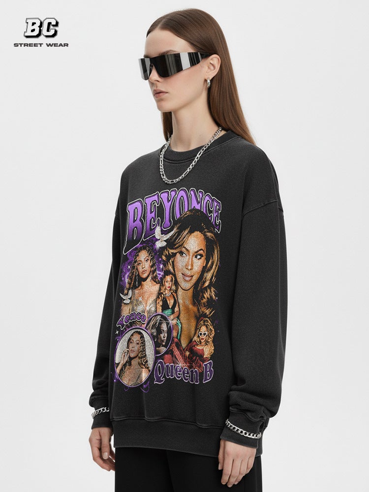ريترو هيب هوب بيونسي مطبوعة قصيرة الأكمام تي شيرت على غرار الشارع العالي الثقيلة القطن النقي Crewneck Hooded Sweatshirt - Image 3
