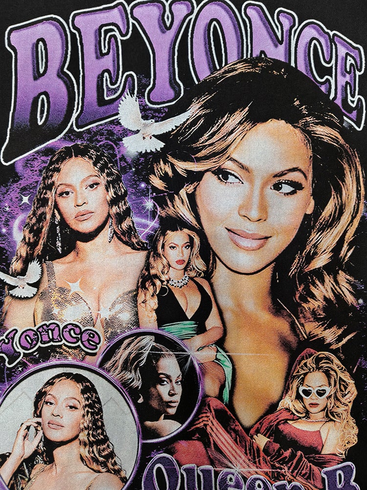 ريترو هيب هوب بيونسي مطبوعة قصيرة الأكمام تي شيرت على غرار الشارع العالي الثقيلة القطن النقي Crewneck Hooded Sweatshirt - Image 5