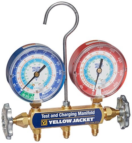 Yellow Jacket 42005 Manifold with 3-1/8" Color-Coded Gauges, psi, R-22/134A/404A (Clamshell) (Hoses not included) - Image 4
