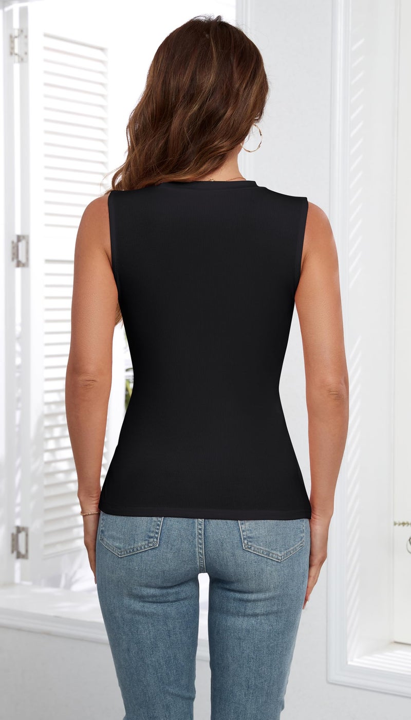 AUHEGN Summer Womens Tank Tops - Casual Sleeveless Basic Cami Top Shirt Slim Knit Ribbed Racerback Workout Blouses Black Large - Image 3