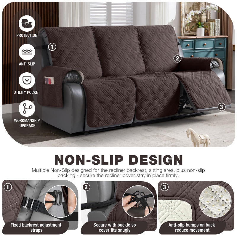 TAOCOCO 100% Waterproof Recliner Sofa Cover Non Slip Couch Cover for 3 Seat Reclining Sofa, Split Reclining Couch Covers 3-Piece with Straps, Washable Sofa Slipcover for Kids Pets(3 Seater, Chocolate) - Image 4