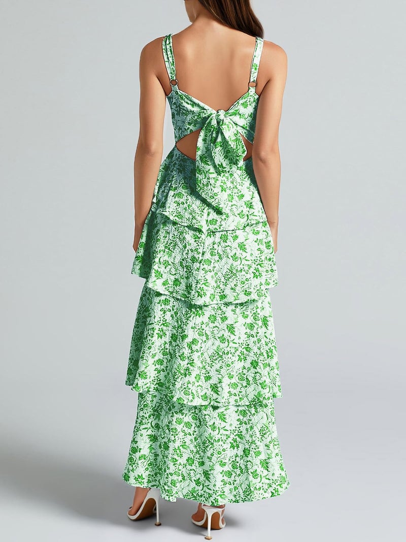 Fisoew Womens Floral Maxi Dresses Spaghetti Strap Casual Sleeveless Ruffle Flowy Tiered Dress Green - Image 3