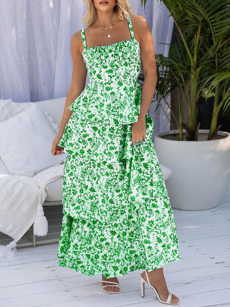 Fisoew Womens Floral Maxi Dresses Spaghetti Strap Casual Sleeveless Ruffle Flowy Tiered Dress Green - Image 2