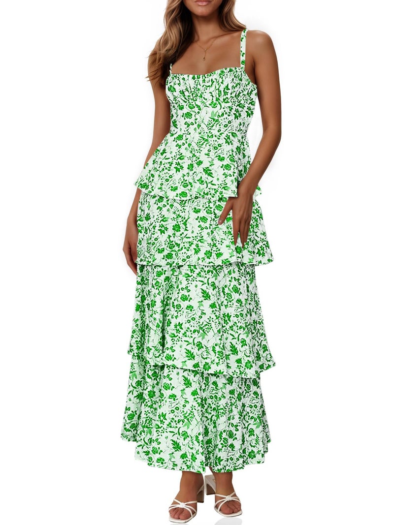 Fisoew Womens Floral Maxi Dresses Spaghetti Strap Casual Sleeveless Ruffle Flowy Tiered Dress Green - Image 1