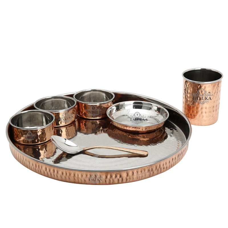 Taluka Handmade Hammered Steel Copper 7 Piece Dinner Set 1 Dinner Plate 3 Bowls 1 Rice Plate 1 Glass 1 Spoon Tableware Pack of 4PC Dinner Set - Image 3
