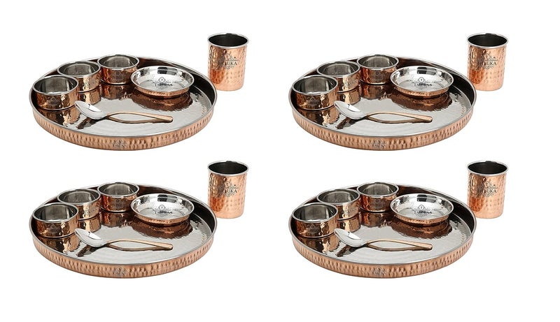 Taluka Handmade Hammered Steel Copper 7 Piece Dinner Set 1 Dinner Plate 3 Bowls 1 Rice Plate 1 Glass 1 Spoon Tableware Pack of 4PC Dinner Set - Image 1