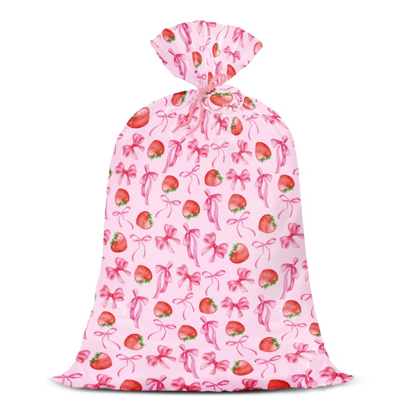WRAPAHOLIC 56" Large Strawberry Bow Plastic Gift Bag - Pink Bow and Sweet Strawberry Jumbo Bike Bag Gift Wrap for Women Girls Birthday, Baby Shower, Wedding, Bridal Shower - 56" H x 36" W - Image 1