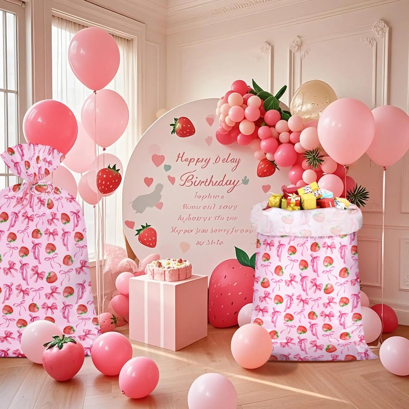 WRAPAHOLIC 56" Large Strawberry Bow Plastic Gift Bag - Pink Bow and Sweet Strawberry Jumbo Bike Bag Gift Wrap for Women Girls Birthday, Baby Shower, Wedding, Bridal Shower - 56" H x 36" W - Image 5