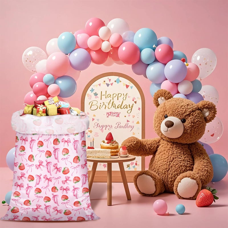WRAPAHOLIC 56" Large Strawberry Bow Plastic Gift Bag - Pink Bow and Sweet Strawberry Jumbo Bike Bag Gift Wrap for Women Girls Birthday, Baby Shower, Wedding, Bridal Shower - 56" H x 36" W - Image 3