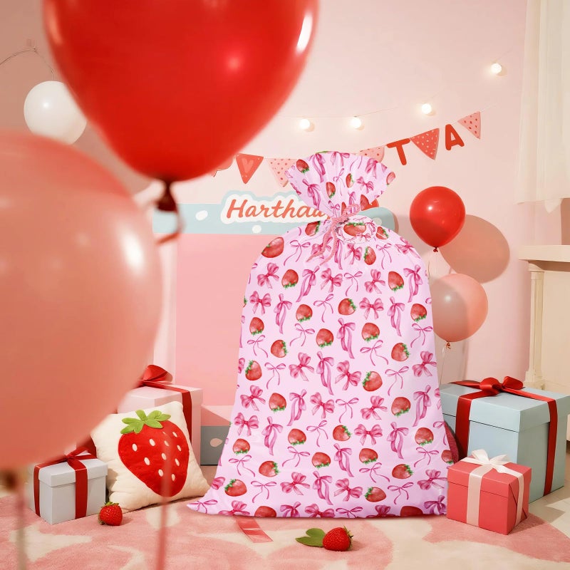 WRAPAHOLIC 56" Large Strawberry Bow Plastic Gift Bag - Pink Bow and Sweet Strawberry Jumbo Bike Bag Gift Wrap for Women Girls Birthday, Baby Shower, Wedding, Bridal Shower - 56" H x 36" W - Image 4