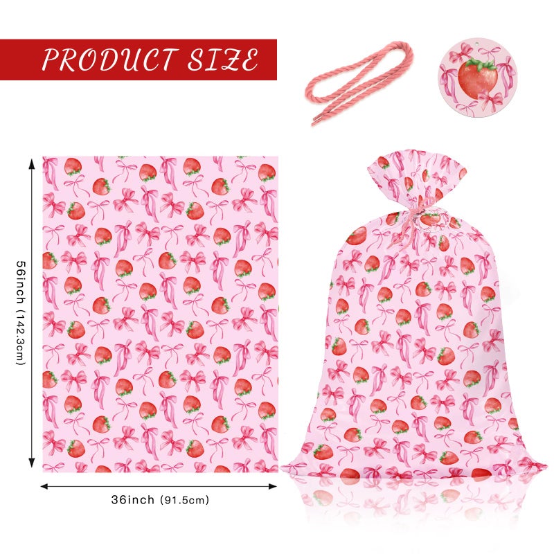 WRAPAHOLIC 56" Large Strawberry Bow Plastic Gift Bag - Pink Bow and Sweet Strawberry Jumbo Bike Bag Gift Wrap for Women Girls Birthday, Baby Shower, Wedding, Bridal Shower - 56" H x 36" W - Image 2