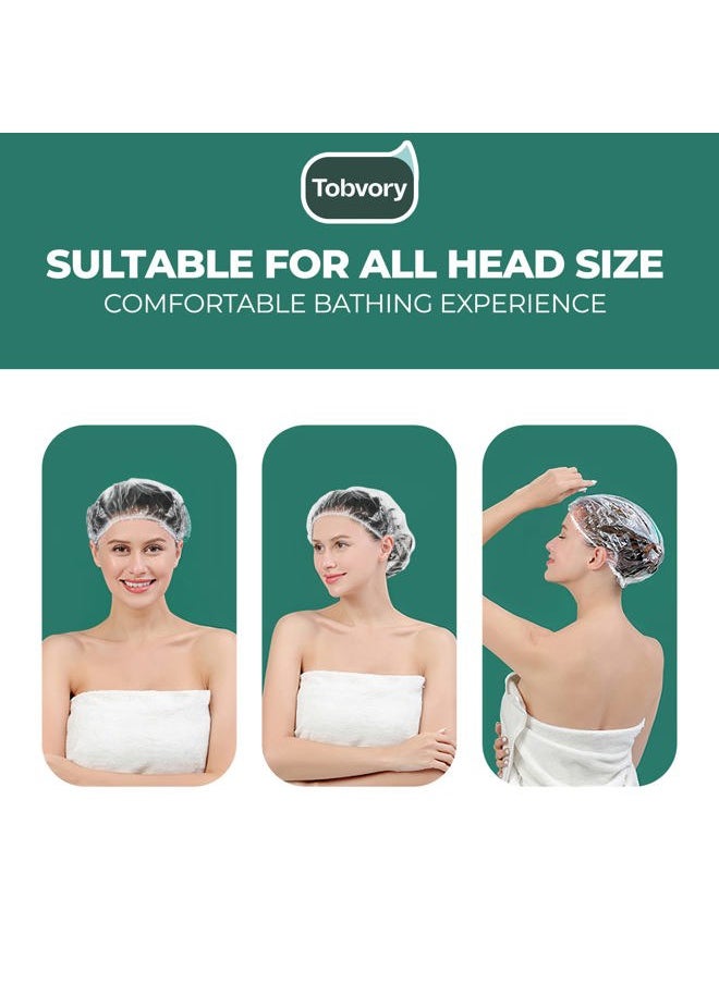Tobvory Disposable Shower Caps - 100PCS Shower Cap Tobvory Waterproof Plastic Shower Cap For Women Men For Hair - Extra Elastic Large Shower Caps For Bath, Hair Treatment, Conditioning In Home Hotel Travel  - Image 5